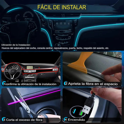 Tira de Luz LED Interior para Automóvil con 16M Colores, Control Bluetooth y fibra óptica - 2 metros
