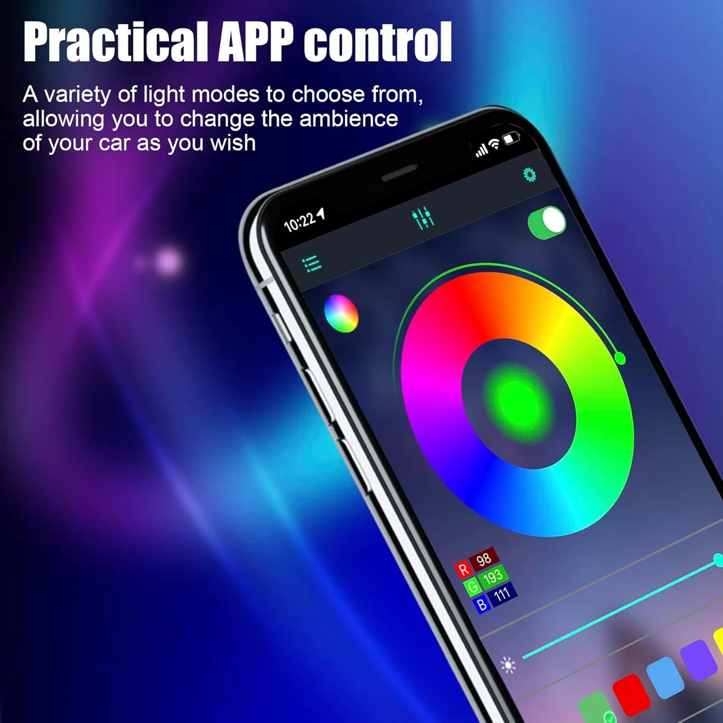 Tira de Luz LED Interior para Automóvil con 16M Colores, Control Bluetooth y fibra óptica - 2 metros