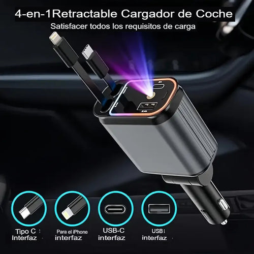 Cargador Retráctil para Auto con Luz Led Incluida 4 en 1- Hatook®